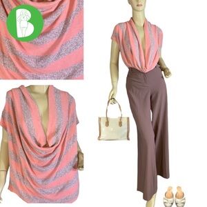 GUSB CORAL AND BROWN STRIPED COWL NECK SHORT SLEEVE KNIT TOP (1X)